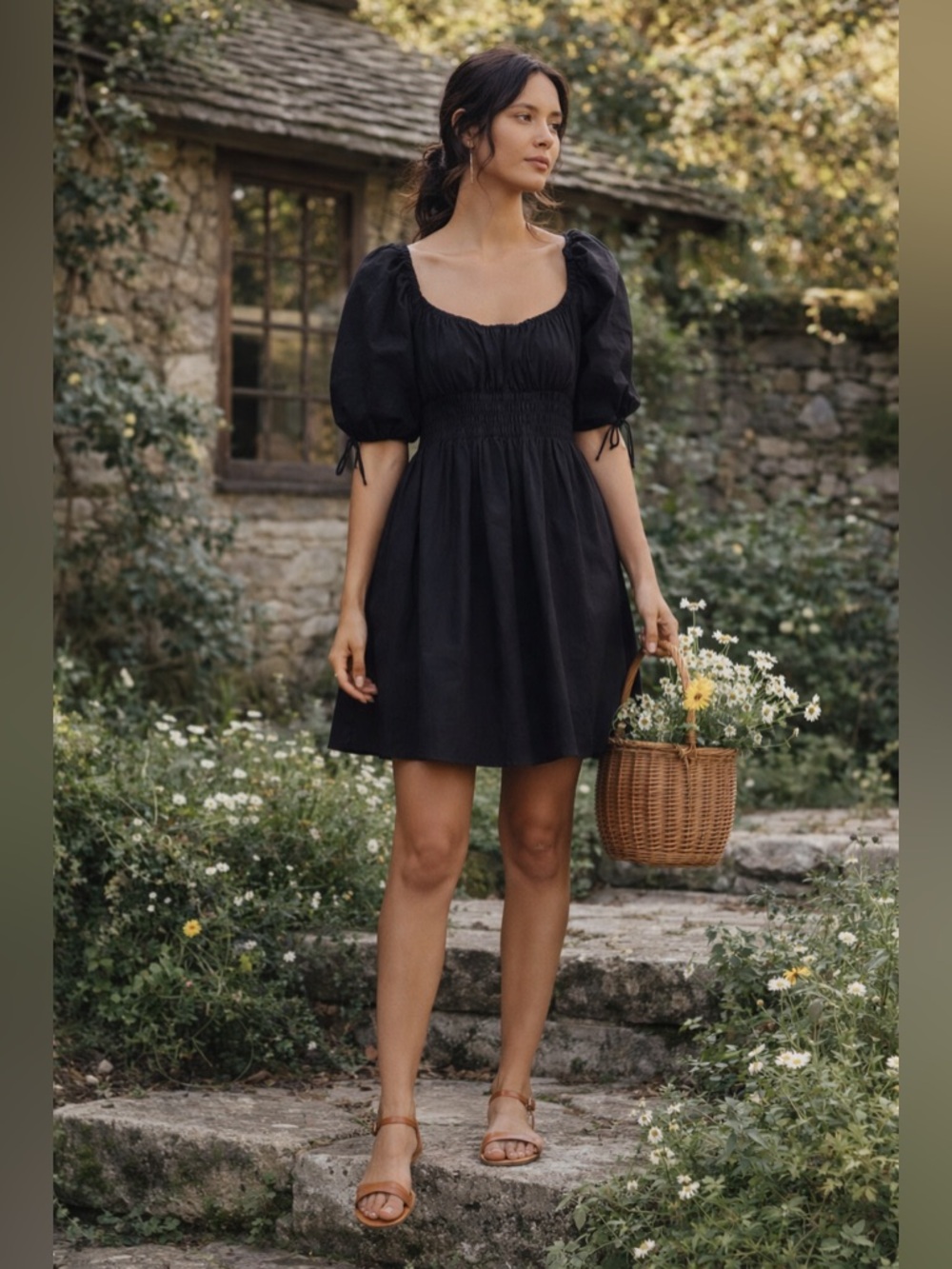 House of Harlow 1960 Black Smocked Puff Sleeve Mini Dress Size Small Cotton